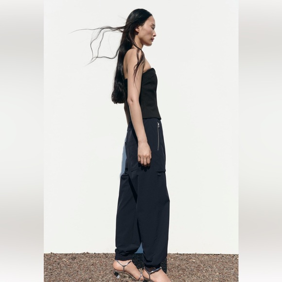 ZARA CARGO PANTS WITH ZIPPER NAVY BLUE - Picture 4 of 9